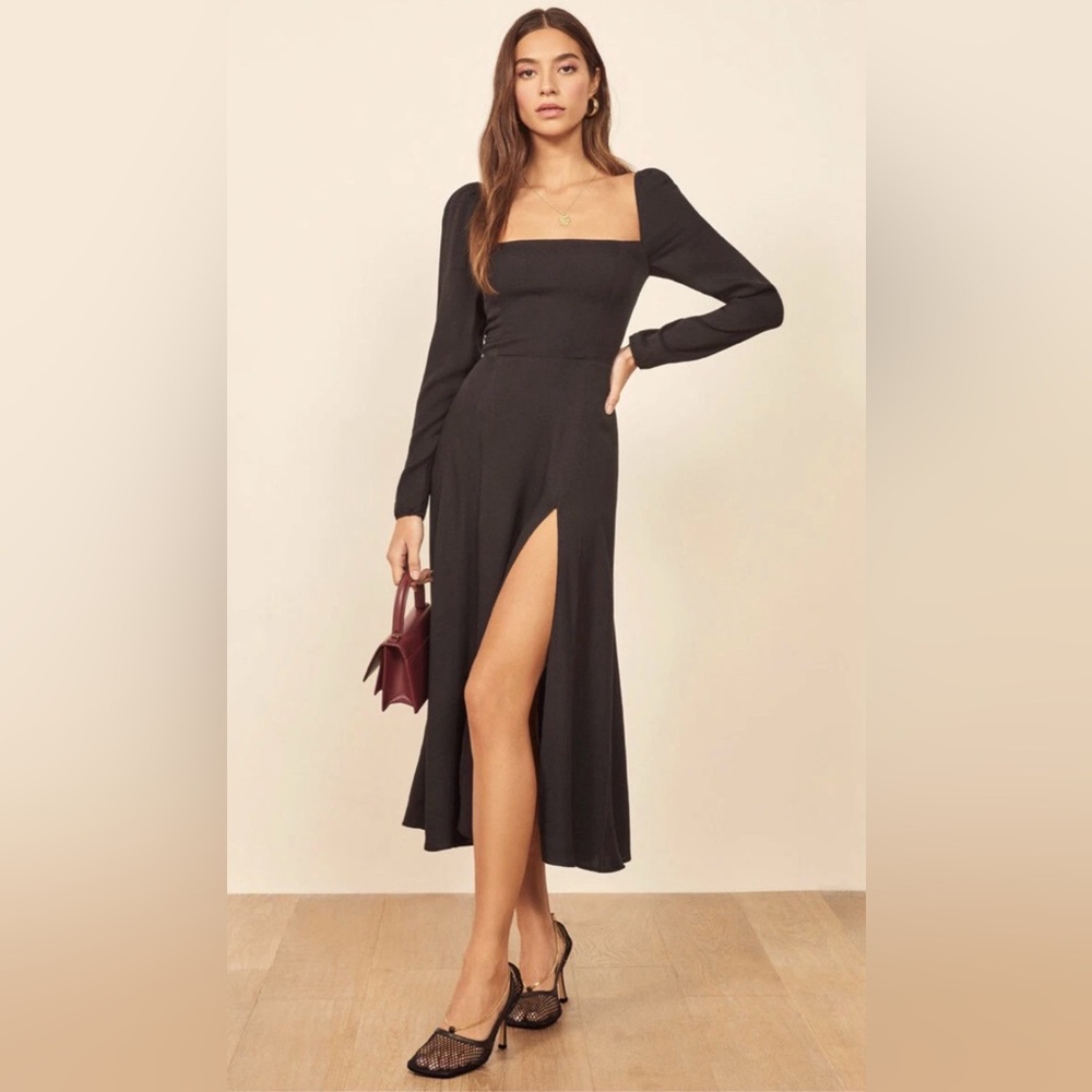 Reformation Black Long Sleeve Midi Dress with Thigh Slit